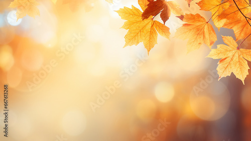 maple leaves on abstract blurred background with bokeh copy space  light bright autumn background for text