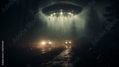 alien visit  flying UFO saucer lands in mysterious atmosphere of night fog