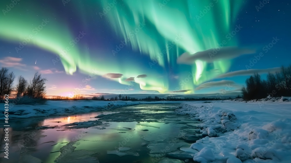 Aurora borealis, northern light over frozen lake in winter