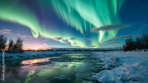 Aurora borealis  northern light over frozen lake in winter