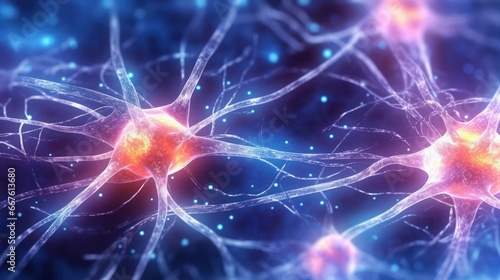 3D rendering of glowing neurons with synaptic connections in the human brain, symbolizing neural activity and cognition photo