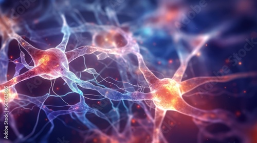 Glowing neurons and synapses in a neural network, vibrant macro view of intricate connections.