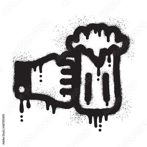 Graffiti of a hand holding beer mug with black spray paint