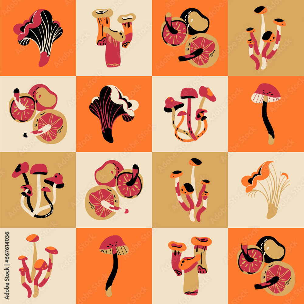 Mushroom tiles beige and orange background. Vector hand drawn fungus food illustration for for greeting card, fabric, wallpaper or wrapping paper