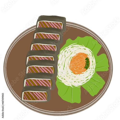 Illustration of sliced ​​roast beef with vegetables on a plate 