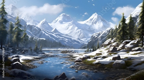 A panoramic shot of snow-capped mountains and a stream