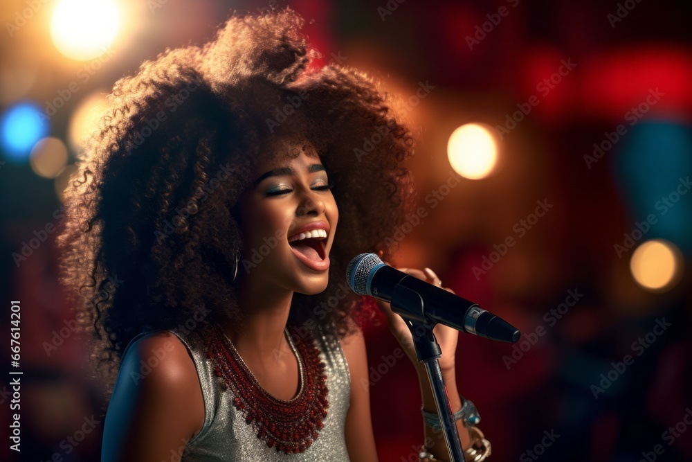 a young african woman singing into the studio microphone on stage performing a song on stage. in a neon led club lights. a creative artist singer or performer producing entertainment a young african woman singing into the studio microphone on stage performing a song on stage. in a neon led club lights. a creative artist singer or performer producing entertainment