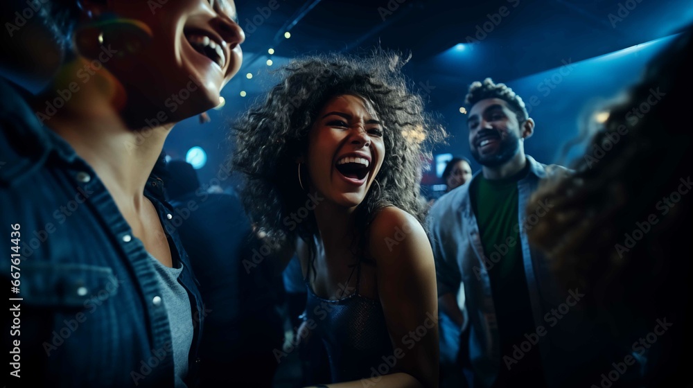 Group of friends dancing at a party in a nightclub. Generative AI.