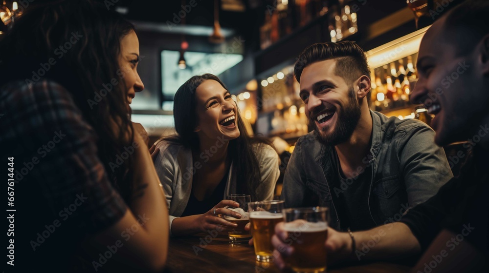 Group of happy friends drinking beers in a pub. Generative AI.