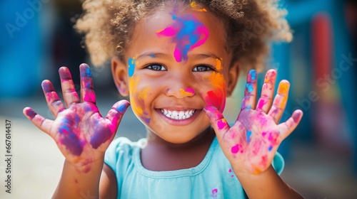 Smiling African girl with paint on her hands. Generative AI.