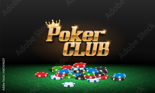 Poker club tournament banner. Casino logo with golden crown and poker chips. Vector illustration.