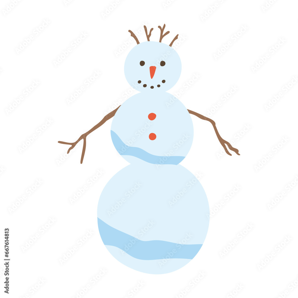 Snowman vector illustration. Flat cartoon traditional seasonal winter character made of snow with branch arms and smiling face. Merry Christmas concept. Cute snow sculpture
