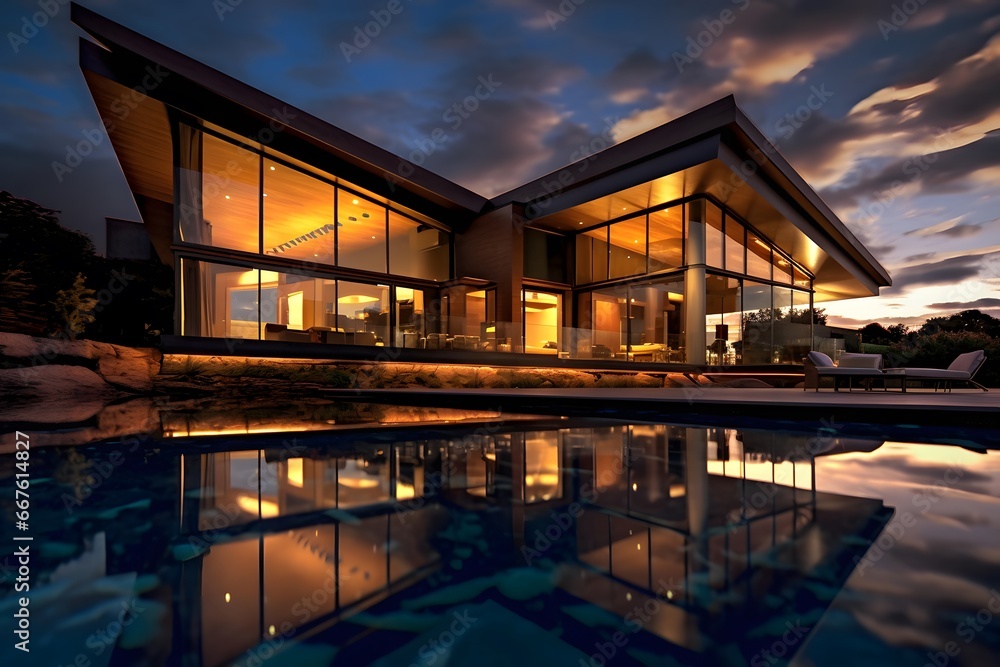 Swimming pool of luxury villa at sunset. 3d rendering