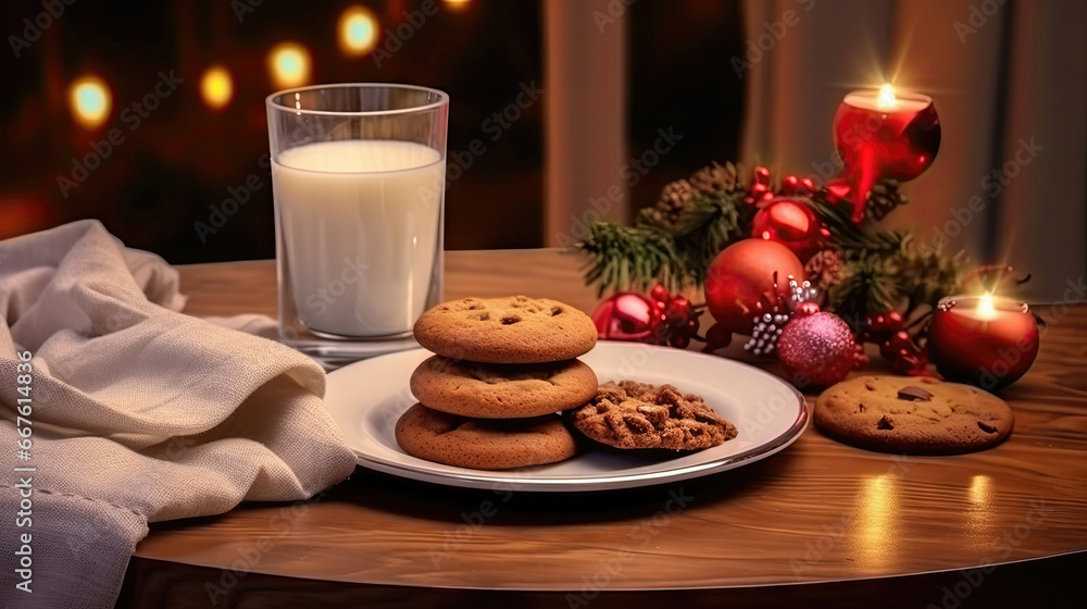 Christmas cookies and milk, on background of blurred lights Christmas cookies and milk, on background of blurred lights
