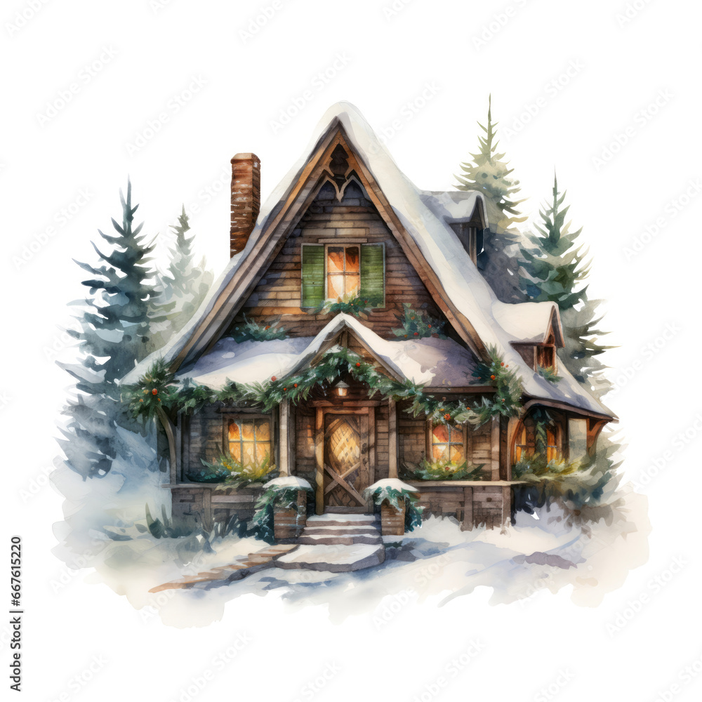 a picture of a winter house painted with watercolor paints