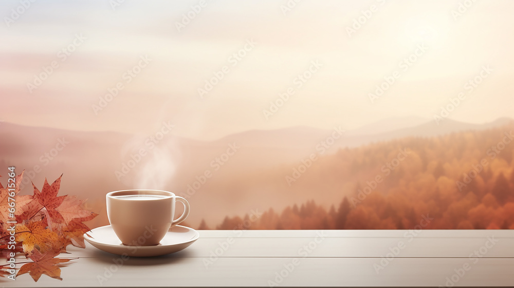 a cup of hot on the background of a blurry autumn landscape