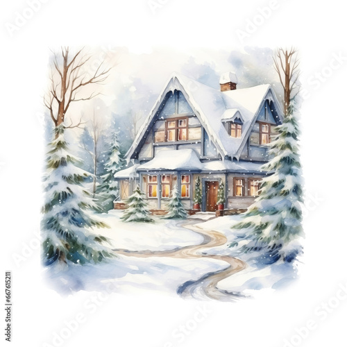 a picture of a winter house painted with watercolor paints