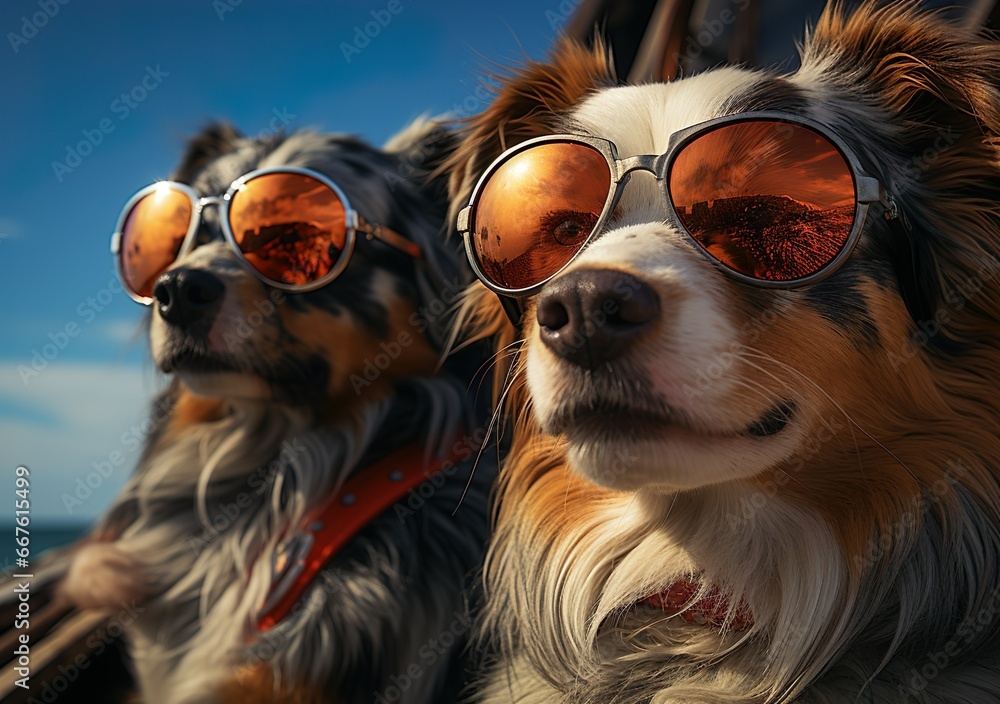 Two dogs are taking selfies on a beach earing sunglasses, sunny day with blue water
