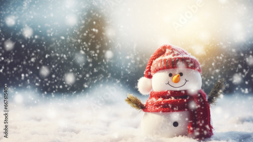Cute snowman smiling in the winter snow
