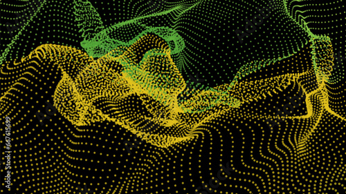 Energy net flows. Dot particle lines penetrating fog. Neon lights plexus of knots. Curved node row space infinity. Linking funnel universe parameters. Background information technology presentation.