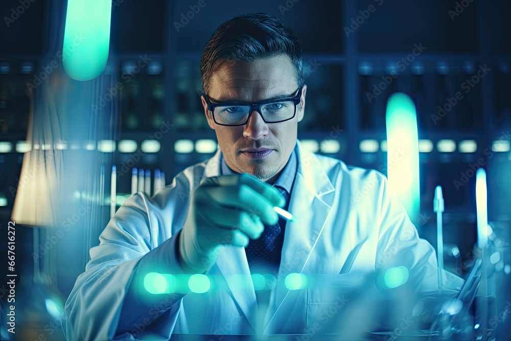 A scientist in a laboratory analyzes research using scientific equipment for medical development and innovation. A scientist in a laboratory analyzes research using scientific equipment for medical development and innovation.