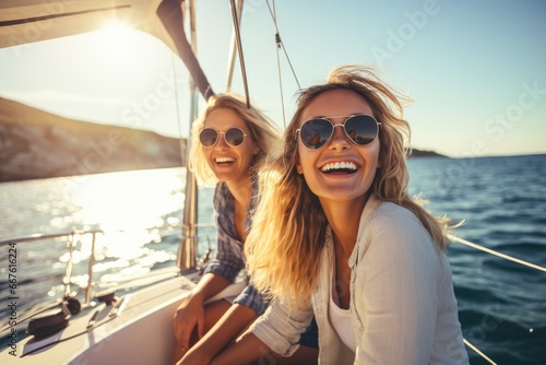 A group of friends enjoy a fun and happy summer vacation on a sailing yacht, filled with laughter and adventure.