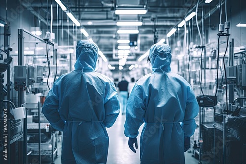 A team of professionals in a modern industrial plant using modern equipment for medical production.