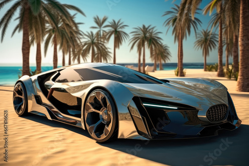 Palm Beach with modern sport car, luxurious, futuristic. © visoot