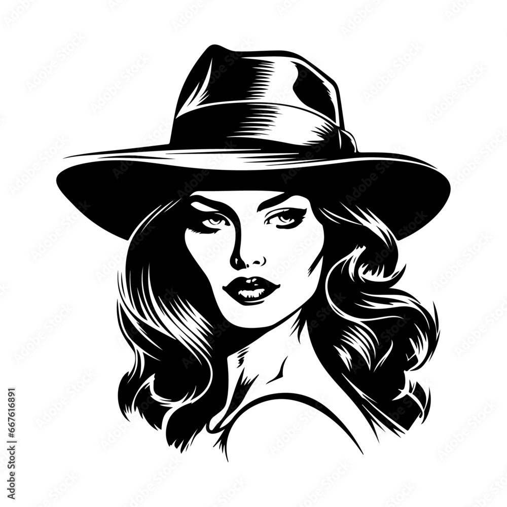 Vector noir film lady silhouette. Criminal girl illustration. Retro woman portrait. Old school mafia concept. Template for clothes, t-shirt, cards, games design Vector noir film lady silhouette. Criminal girl illustration. Retro woman portrait. Old school mafia concept. Template for clothes, t-shirt, cards, games design