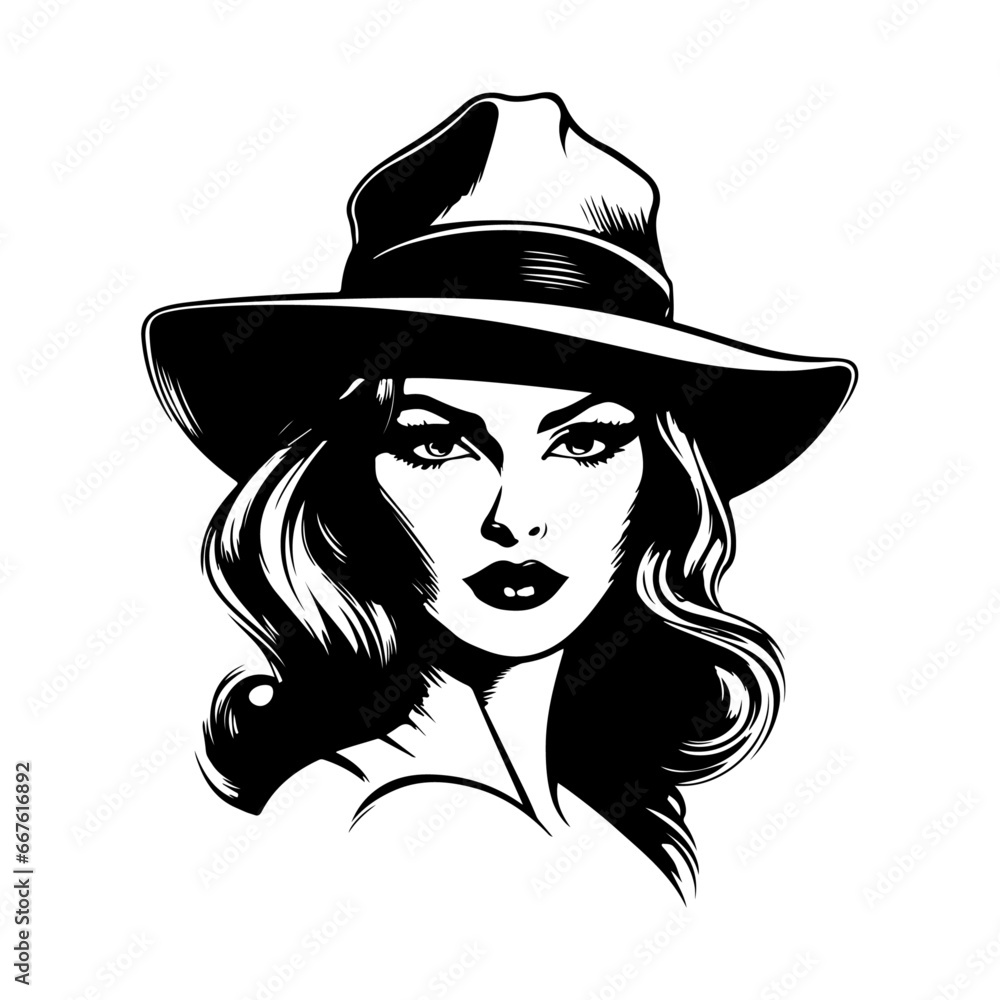 Vector noir film lady silhouette. Criminal girl illustration. Retro woman portrait. Old school mafia concept. Template for clothes, t-shirt, cards, games design