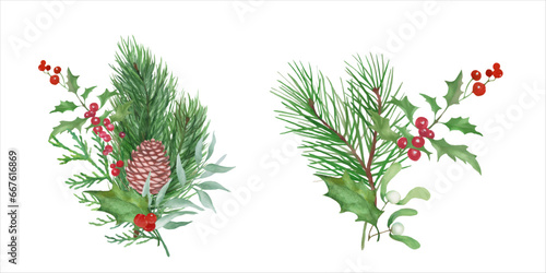 Watercolor Christmas floral set. Hand drawn illustration isolated on white background. Vector EPS.