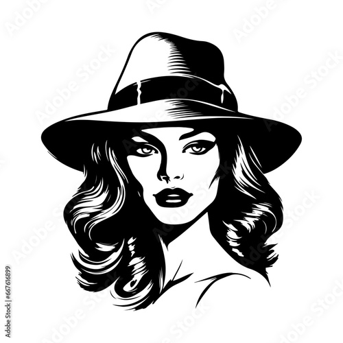 Vector noir film lady silhouette. Criminal girl illustration. Retro woman portrait. Old school mafia concept. Template for clothes, t-shirt, cards, games design