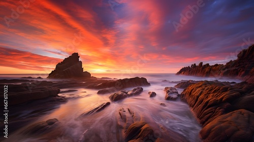 Long exposure panoramic seascape view of rocky coastline during sunset