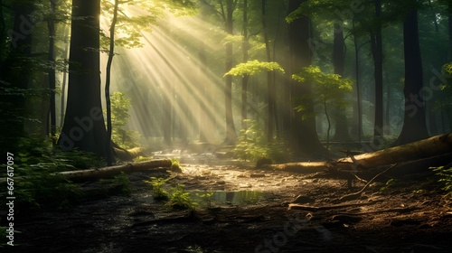 Panoramic image of a forest with sunbeams shining through the trees