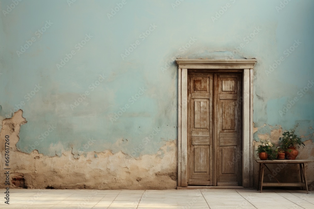 dilapidated wall of the building and the wooden door require major repairs. Facade of a house with damaged plaster - obrazy, fototapety, plakaty 