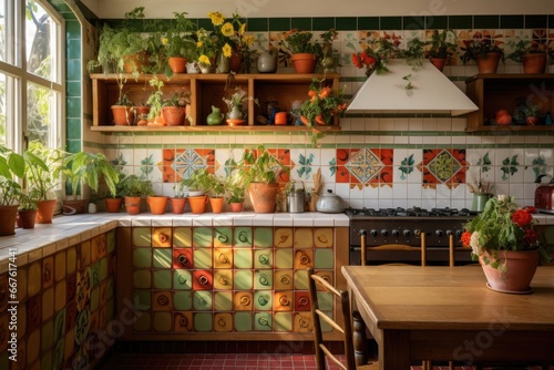 Maximalist style kitchen decorated in bright colors  with flowers and mediterranean design elements