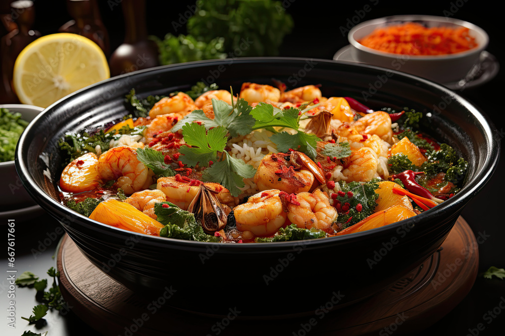 Spicy Thai soup with shrimp in a black bowl 