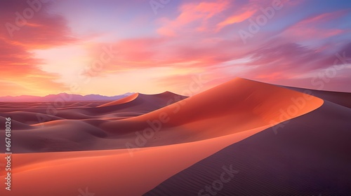 Desert panorama with sand dunes at sunset. 3D rendering