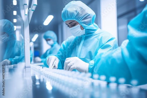 scientist researcher medical worker in blue sanitary gloves, face mask, protection clothes controlling medicinal products vaccine vials at pharmaceutical factory. Pharma assembly line with liquid meds photo