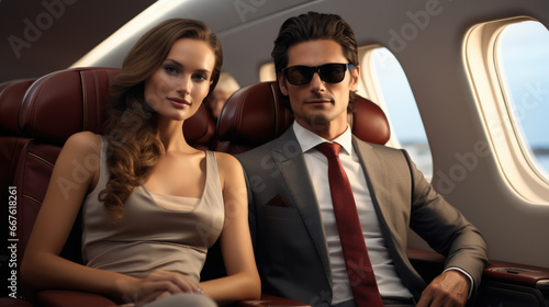 Professional business Man and woman seated on luxury airplane in first class. © visoot