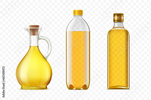 Collection of bottles and jug with cooking oil. Packaging templates with olive, sunflower or rapeseed oil isolated on a transparent background. Stock vector illustration.