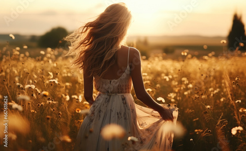 Beautiful woman in dress walking in flower meadow at sunset, Enjoying summer freedom.