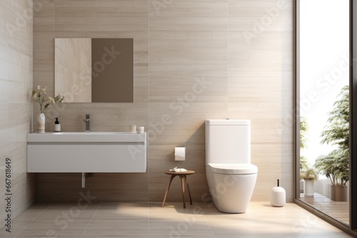 Ceramic white toilet bowl in the modern stylish bathroom interior. Home design ideas photo
