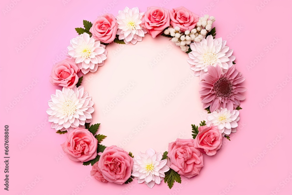 Romantic floral frame. Pink blossoms for greeting cards. Springtime elegance. Floral border in white. Blooming beauty. Flowers for card design