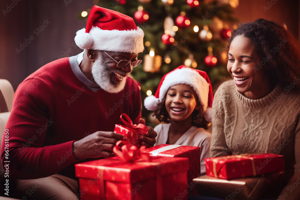 Photo of a joyful family unwrapping a Christmas gift together Photo of a joyful family unwrapping a Christmas gift together