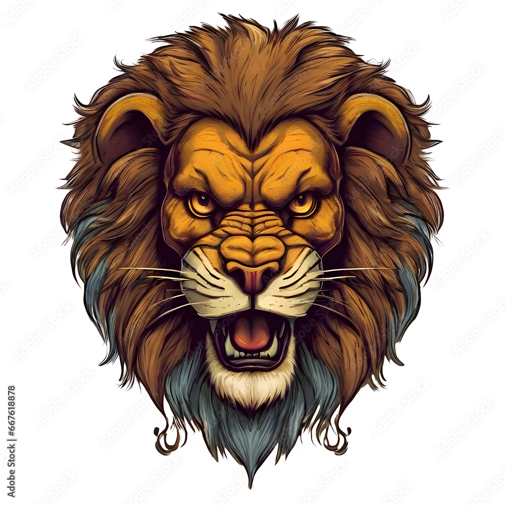 Obraz premium logo of the head of a lion, drawing with elegant ink lines in cartoon style with yellow and orange colors- symbol for an epic brand label. Ai