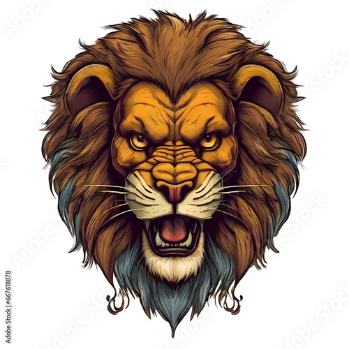 logo of the head of a lion  drawing with elegant ink lines in cartoon style with yellow and orange colors- symbol for an epic brand label. Ai