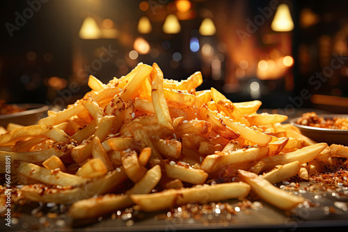 Tasty french fries on cutting board  on wooden table background