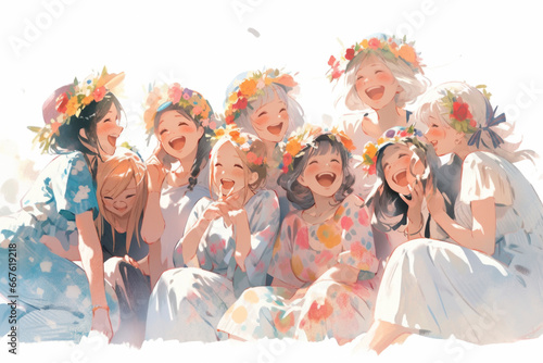 illustration of a group young women singing, sitting and have fun together on white