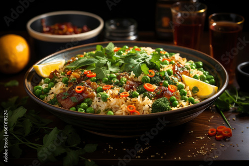 Indonesian Chicken Fried Rice on plate. Nasi Goreng is an Indonesian cuisine dish with jasmine rice, chicken meat, onion, egg, and mix veggie.